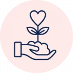 Icon: Eine Hand hält eine kleine Pflanze, deren Blüte wie ein Herz geformt ist.